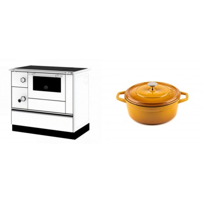Set Küchenofen / Küchenhexe mit Backofen und Kochplatte Alfa Plam, Modell Alfa 90 H Favorit Weiß Rechts, Leistung 6.4kW + Gusseisen Topf Tiefer Solagio, Dijon, Ф20 - Kaminofen - Holzofen mit Backfach