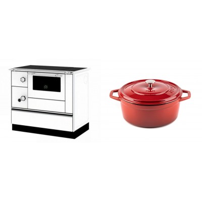 Set Küchenofen / Küchenhexe mit Backofen und Kochplatte Alfa Plam, Modell Alfa 90 H Favorit Weiß Rechts, Leistung 6.4kW + Gusseisen Topf Tiefer Solagio, Rubin, Ф24 - Kaminofen - Holzofen mit Backfach