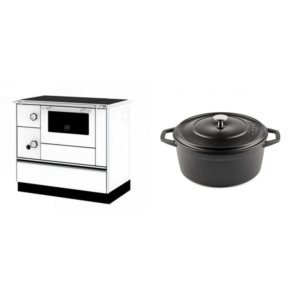 Set Küchenofen / Küchenhexe mit Backofen und Kochplatte Alfa Plam, Modell Alfa 90 H Favorit Weiß Rechts, Leistung 6.4kW + Gusseisen Topf Tiefer Solagio, Black Onyx, Ф24 | Kaminofen - Holzofen mit Backfach | Kaminofen |