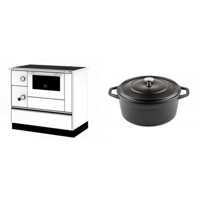 Set Küchenofen / Küchenhexe mit Backofen und Kochplatte Alfa Plam, Modell Alfa 90 H Favorit Weiß Rechts, Leistung 6.4kW + Gusseisen Topf Tiefer Solagio, Black Onyx, Ф24 - Kaminofen - Holzofen mit Backfach
