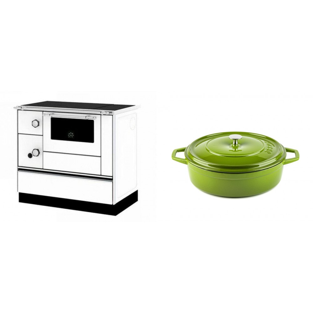 Set Küchenofen / Küchenhexe mit Backofen und Kochplatte Alfa Plam, Modell Alfa 90 H Favorit Weiß Rechts, Leistung 6.4kW + Gusseisen Topf Flach Solagio, Bamboo, Ф26 | Kaminofen - Holzofen mit Backfach | Kaminofen |