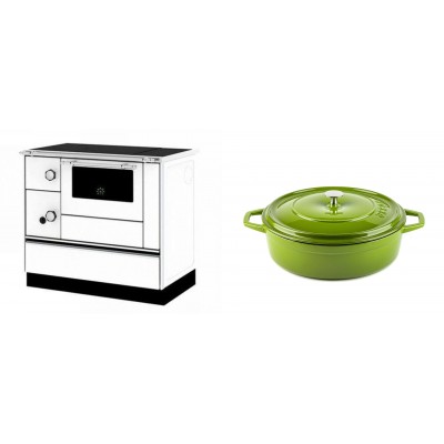 Set Küchenofen / Küchenhexe mit Backofen und Kochplatte Alfa Plam, Modell Alfa 90 H Favorit Weiß Rechts, Leistung 6.4kW + Gusseisen Topf Flach Solagio, Bamboo, Ф26 - Kaminofen - Holzofen mit Backfach