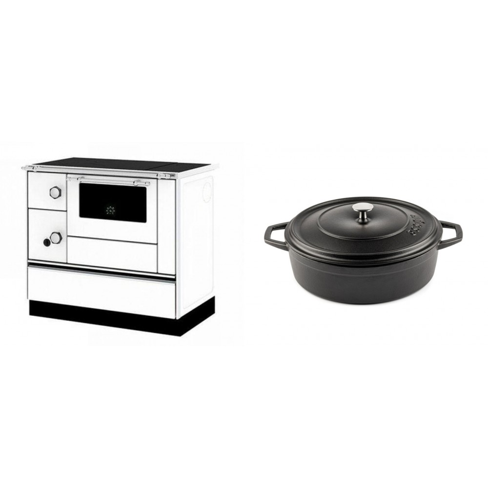 Set Küchenofen / Küchenhexe mit Backofen und Kochplatte Alfa Plam, Modell Alfa 90 H Favorit Weiß Rechts, Leistung 6.4kW + Gusseisen Topf Flach Solagio, Black Onyx, Ф26 | Kaminofen - Holzofen mit Backfach | Kaminofen |