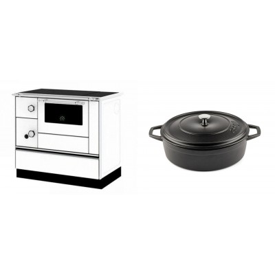 Set Küchenofen / Küchenhexe mit Backofen und Kochplatte Alfa Plam, Modell Alfa 90 H Favorit Weiß Rechts, Leistung 6.4kW + Gusseisen Topf Flach Solagio, Black Onyx, Ф26 - Kaminofen - Holzofen mit Backfach