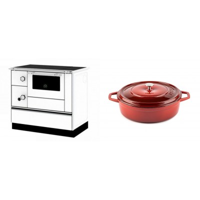Set Küchenofen / Küchenhexe mit Backofen und Kochplatte Alfa Plam, Modell Alfa 90 H Favorit Weiß Rechts, Leistung 6.4kW + Gusseisen Topf Flach Solagio, Rubin, Ф26 - Kaminofen - Holzofen mit Backfach