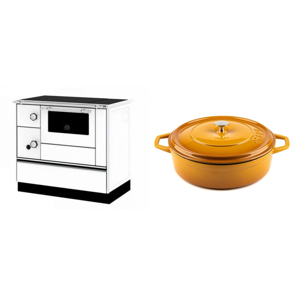 Set Küchenofen / Küchenhexe mit Backofen und Kochplatte Alfa Plam, Modell Alfa 90 H Favorit Weiß Rechts, Leistung 6.4kW + Gusseisen Topf Flach Solagio, Dijon, Ф28