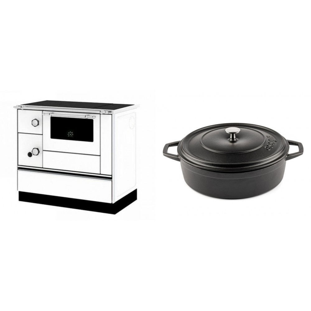 Set Küchenofen / Küchenhexe mit Backofen und Kochplatte Alfa Plam, Modell Alfa 90 H Favorit Weiß Rechts, Leistung 6.4kW + Gusseisen Topf Flach Solagio, Black Onyx, Ф28