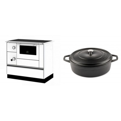 Set Küchenofen / Küchenhexe mit Backofen und Kochplatte Alfa Plam, Modell Alfa 90 H Favorit Weiß Rechts, Leistung 6.4kW + Gusseisen Topf Flach Solagio, Black Onyx, Ф28 - Kaminofen - Holzofen mit Backfach