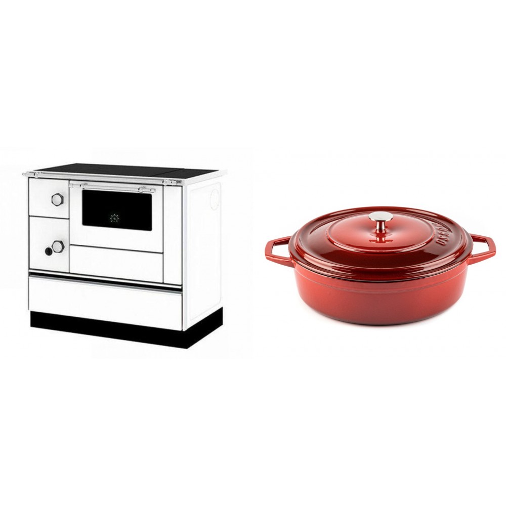 Set Küchenofen / Küchenhexe mit Backofen und Kochplatte Alfa Plam, Modell Alfa 90 H Favorit Weiß Rechts, Leistung 6.4kW + Gusseisen Topf Flach Solagio, Rubin, Ф28 | Kaminofen - Holzofen mit Backfach | Kaminofen |