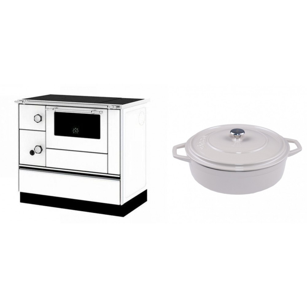 Set Küchenofen / Küchenhexe mit Backofen und Kochplatte Alfa Plam, Modell Alfa 90 H Favorit Weiß Rechts, Leistung 6.4kW + Gusseisen Topf Flach Solagio, Ivory, Ф28 | Kaminofen - Holzofen mit Backfach | Kaminofen |