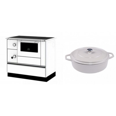 Set Küchenofen / Küchenhexe mit Backofen und Kochplatte Alfa Plam, Modell Alfa 90 H Favorit Weiß Rechts, Leistung 6.4kW + Gusseisen Topf Flach Solagio, Ivory, Ф28 - Kaminofen - Holzofen mit Backfach