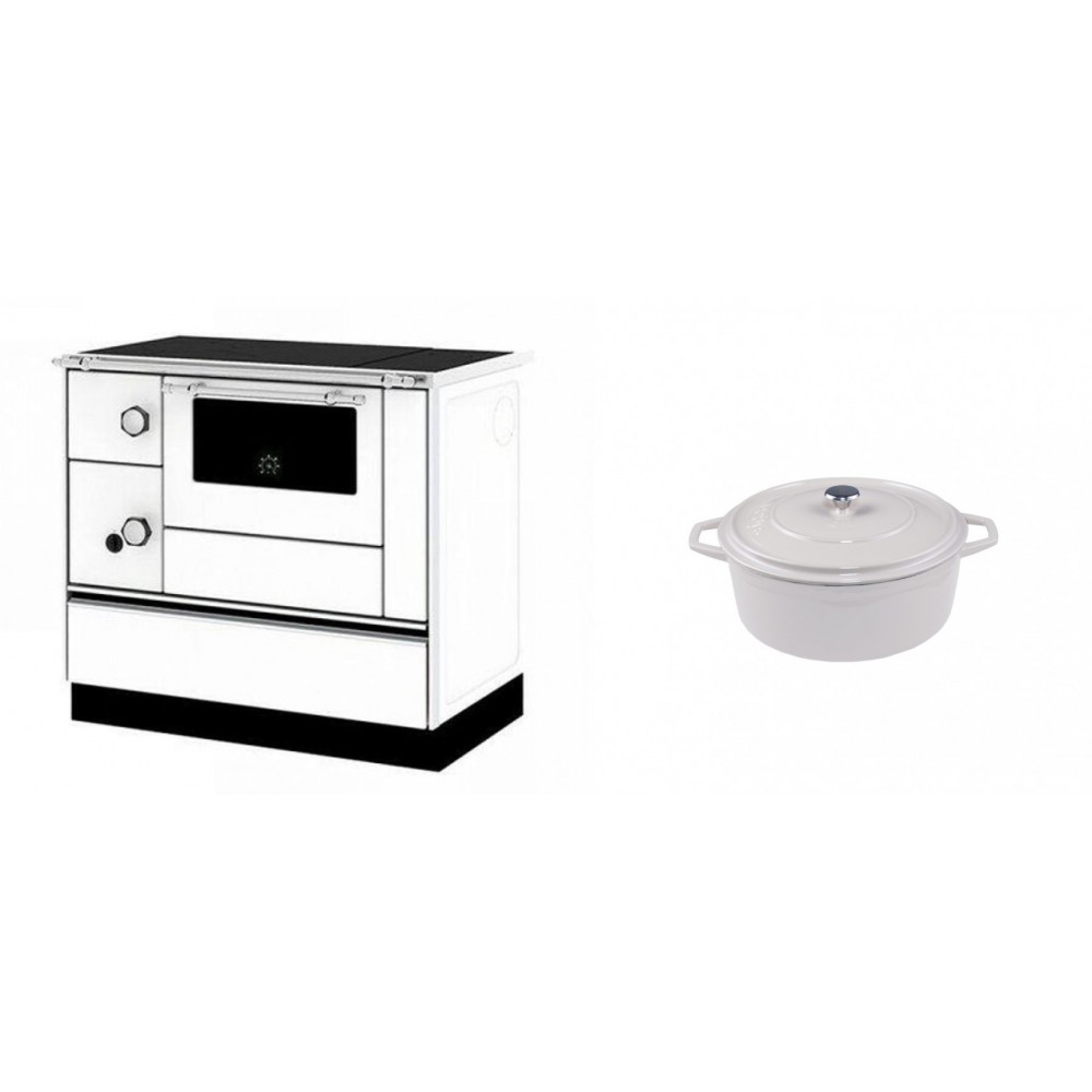 Set Küchenofen / Küchenhexe mit Backofen und Kochplatte Alfa Plam, Modell Alfa 90 H Favorit Weiß Rechts, Leistung 6.4kW + Gusseisen Topf Tiefer Solagio, Ivory, Ф12 | Kaminofen - Holzofen mit Backfach | Kaminofen |