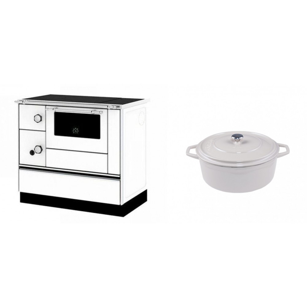 Set Küchenofen / Küchenhexe mit Backofen und Kochplatte Alfa Plam, Modell Alfa 90 H Favorit Weiß Rechts, Leistung 6.4kW + Gusseisen Topf Tiefer Solagio, Ivory, Ф20 | Kaminofen - Holzofen mit Backfach | Kaminofen |