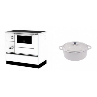 Set Küchenofen / Küchenhexe mit Backofen und Kochplatte Alfa Plam, Modell Alfa 90 H Favorit Weiß Rechts, Leistung 6.4kW + Gusseisen Topf Tiefer Solagio, Ivory, Ф20 - Kaminofen - Holzofen mit Backfach