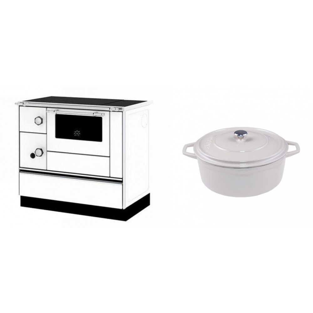 Set Küchenofen / Küchenhexe mit Backofen und Kochplatte Alfa Plam, Modell Alfa 90 H Favorit Weiß Rechts, Leistung 6.4kW + Gusseisen Topf Tiefer Solagio, Ivory, Ф24 | Kaminofen - Holzofen mit Backfach | Kaminofen |