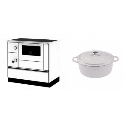 Set Küchenofen / Küchenhexe mit Backofen und Kochplatte Alfa Plam, Modell Alfa 90 H Favorit Weiß Rechts, Leistung 6.4kW + Gusseisen Topf Tiefer Solagio, Ivory, Ф24 - Kaminofen - Holzofen mit Backfach