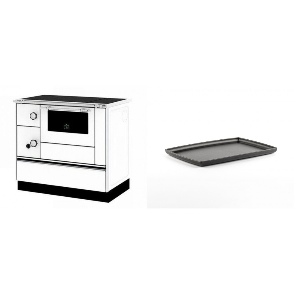 Set Küchenofen / Küchenhexe mit Backofen und Kochplatte Alfa Plam, Modell Alfa 90 H Favorit Weiß Rechts, Leistung 6.4kW + Rechteckige Servierplatte aus Gusseisen Solagio, 21x31cm | Kaminofen - Holzofen mit Backfach | Kaminofen |