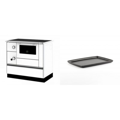 Set Küchenofen / Küchenhexe mit Backofen und Kochplatte Alfa Plam, Modell Alfa 90 H Favorit Weiß Rechts, Leistung 6.4kW + Rechteckige Servierplatte aus Gusseisen Solagio, 21x31cm - Kaminofen - Holzofen mit Backfach