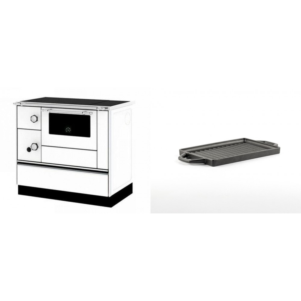 Set Küchenofen / Küchenhexe mit Backofen und Kochplatte Alfa Plam, Modell Alfa 90 H Favorit Weiß Rechts, Leistung 6.4kW + Mini-Grillplatte aus Gusseisen Solagio, 15.5x22.5cm