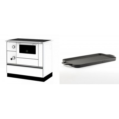 Set Küchenofen / Küchenhexe mit Backofen und Kochplatte Alfa Plam, Modell Alfa 90 H Favorit Weiß Rechts, Leistung 6.4kW + Große Grillplatte aus Gusseisen Solagio, 25x44cm - Kaminofen - Holzofen mit Backfach
