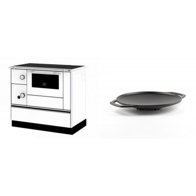 Set Küchenofen / Küchenhexe mit Backofen und Kochplatte Alfa Plam, Modell Alfa 90 H Favorit Weiß Rechts, Leistung 6.4kW + Backplatte aus Gusseisen Solagio, Ф28cm - Kaminofen - Holzofen mit Backfach