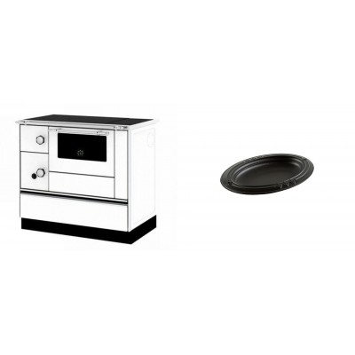 Set Küchenofen / Küchenhexe mit Backofen und Kochplatte Alfa Plam, Modell Alfa 90 H Favorit Weiß Rechts, Leistung 6.4kW + Gusseiserne auflaufform Solagio oval, 17x28cm - Kaminofen - Holzofen mit Backfach