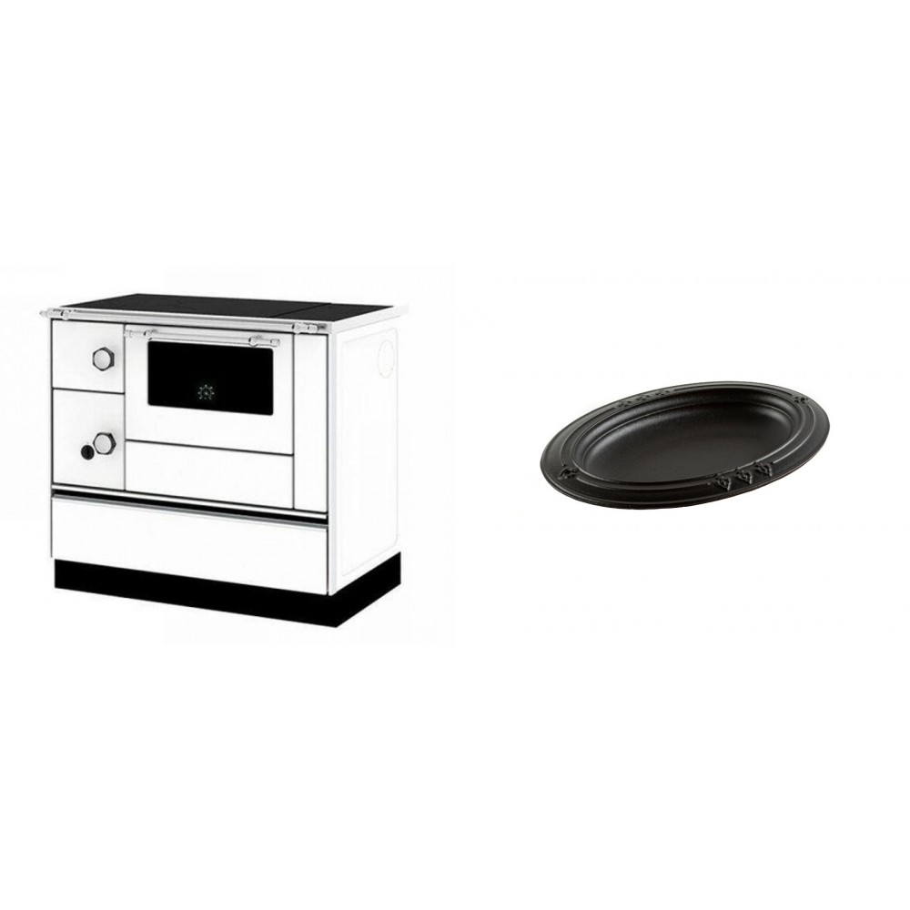 Set Küchenofen / Küchenhexe mit Backofen und Kochplatte Alfa Plam, Modell Alfa 90 H Favorit Weiß Rechts, Leistung 6.4kW + Gusseiserne auflaufform Solagio oval, 25x33cm