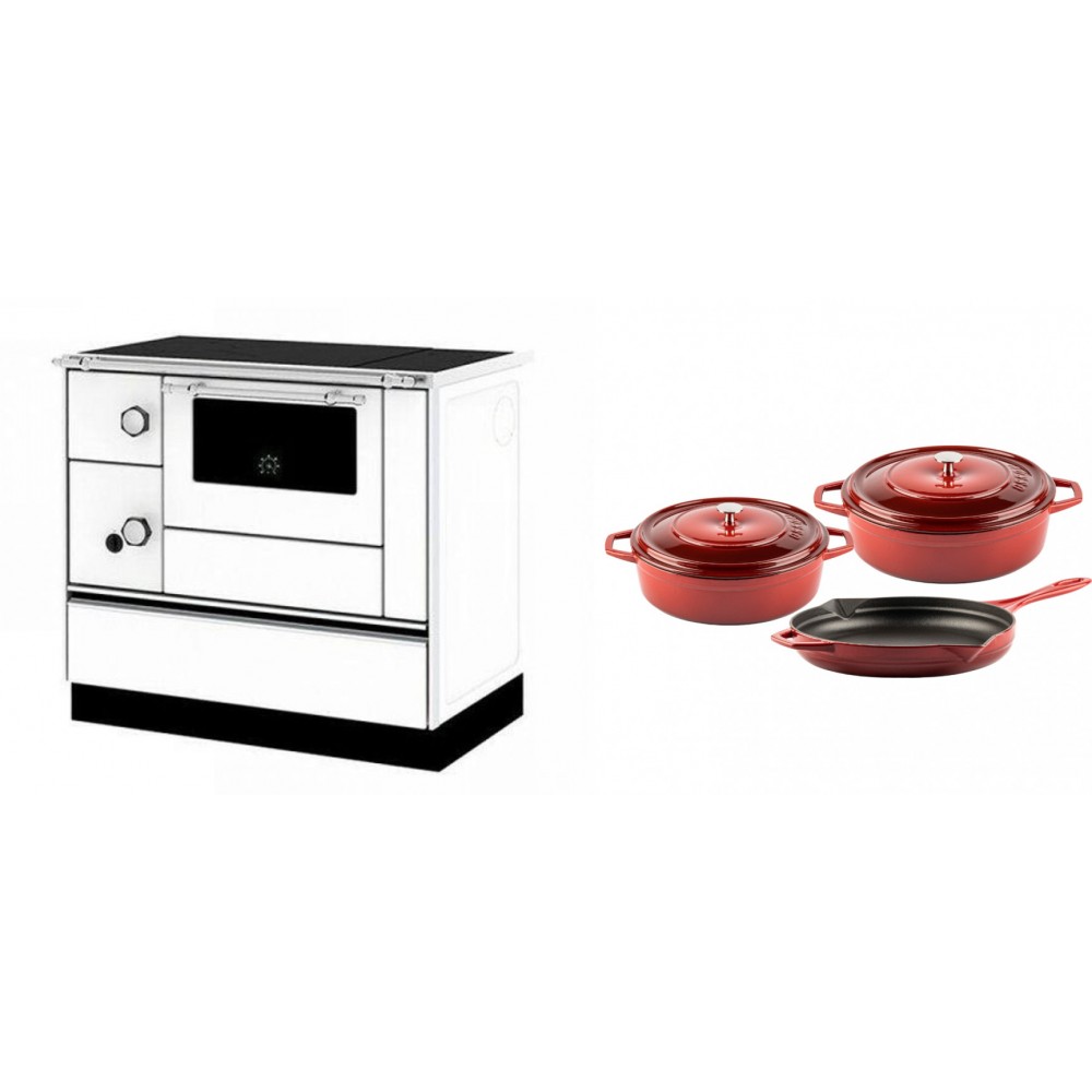 Set Küchenofen / Küchenhexe mit Backofen und Kochplatte Alfa Plam, Modell Alfa 90 H Favorit Weiß Rechts, Leistung 6.4kW + Gusseisen Topf Set aus 3 teilen Solagio, Rubin