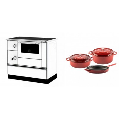 Set Küchenofen / Küchenhexe mit Backofen und Kochplatte Alfa Plam, Modell Alfa 90 H Favorit Weiß Rechts, Leistung 6.4kW + Gusseisen Topf Set aus 3 teilen Solagio, Rubin - Kaminofen - Holzofen mit Backfach