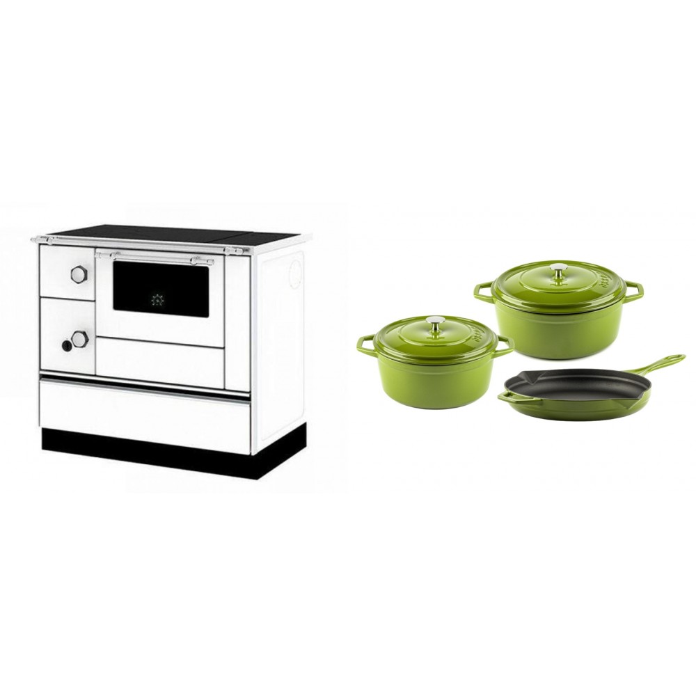 Set Küchenofen / Küchenhexe mit Backofen und Kochplatte Alfa Plam, Modell Alfa 90 H Favorit Weiß Rechts, Leistung 6.4kW + Gusseisen Topf Set aus 3 teilen Solagio, Bamboo | Kaminofen - Holzofen mit Backfach | Kaminofen |