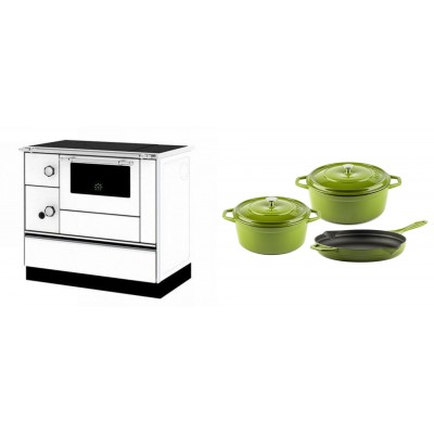 Set Küchenofen / Küchenhexe mit Backofen und Kochplatte Alfa Plam, Modell Alfa 90 H Favorit Weiß Rechts, Leistung 6.4kW + Gusseisen Topf Set aus 3 teilen Solagio, Bamboo - Kaminofen - Holzofen mit Backfach