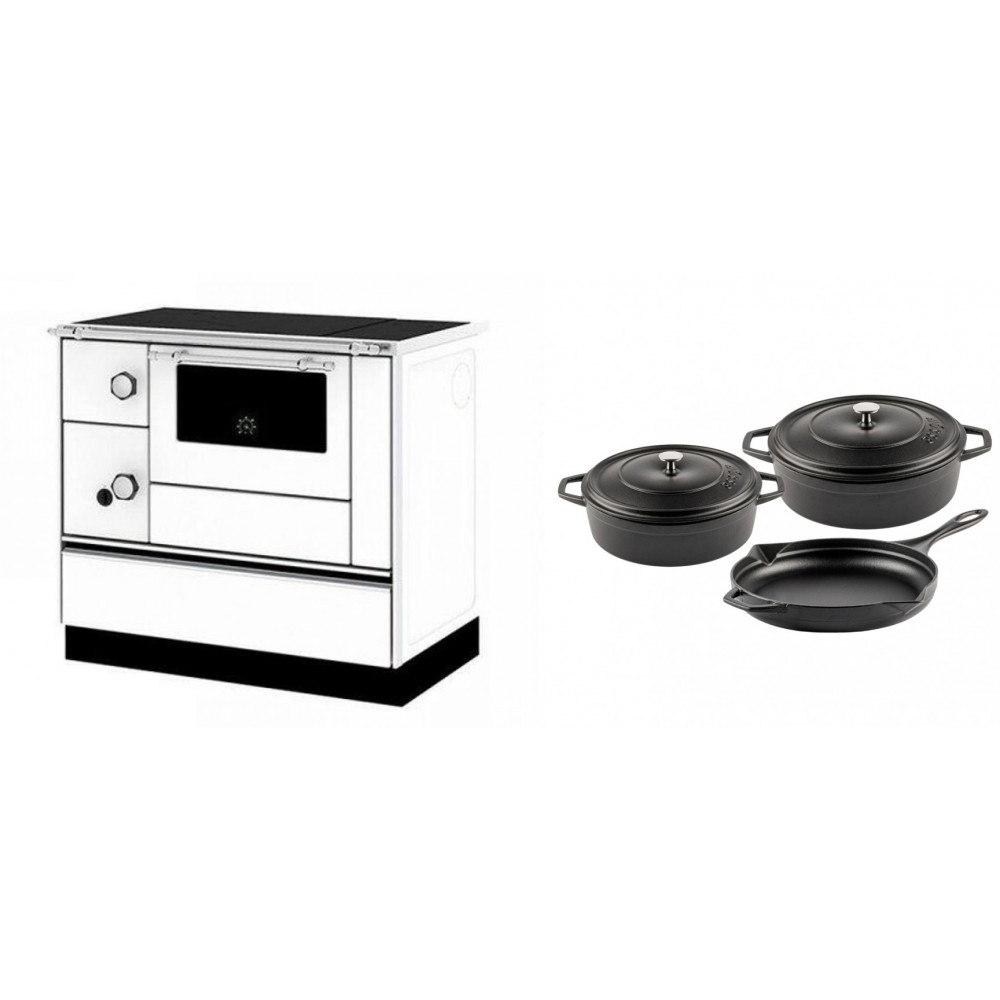Set Küchenofen / Küchenhexe mit Backofen und Kochplatte Alfa Plam, Modell Alfa 90 H Favorit Weiß Rechts, Leistung 6.4kW + Gusseisen Topf Set aus 3 teilen Solagio, Black Onyx