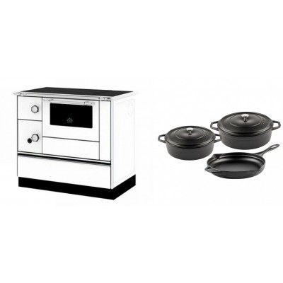 Set Küchenofen / Küchenhexe mit Backofen und Kochplatte Alfa Plam, Modell Alfa 90 H Favorit Weiß Rechts, Leistung 6.4kW + Gusseisen Topf Set aus 3 teilen Solagio, Black Onyx - Kaminofen - Holzofen mit Backfach