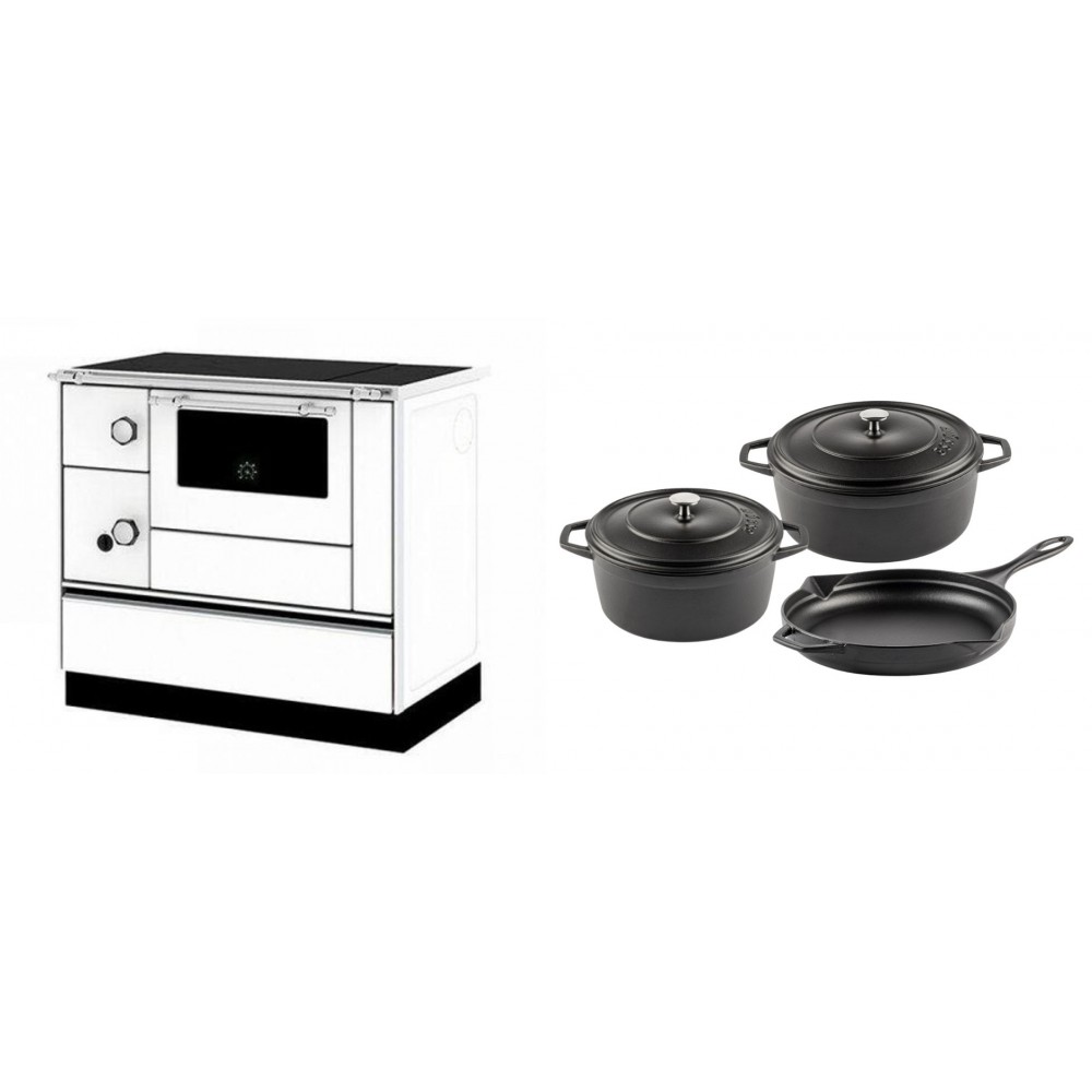 Set Küchenofen / Küchenhexe mit Backofen und Kochplatte Alfa Plam, Modell Alfa 90 H Favorit Weiß Rechts, Leistung 6.4kW + Gusseisen Topf Set aus 3 teilen Solagio, Black Onyx