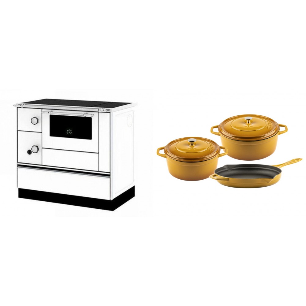Set Küchenofen / Küchenhexe mit Backofen und Kochplatte Alfa Plam, Modell Alfa 90 H Favorit Weiß Rechts, Leistung 6.4kW + Gusseisen Topf Set aus 3 teilen Solagio, Dijon