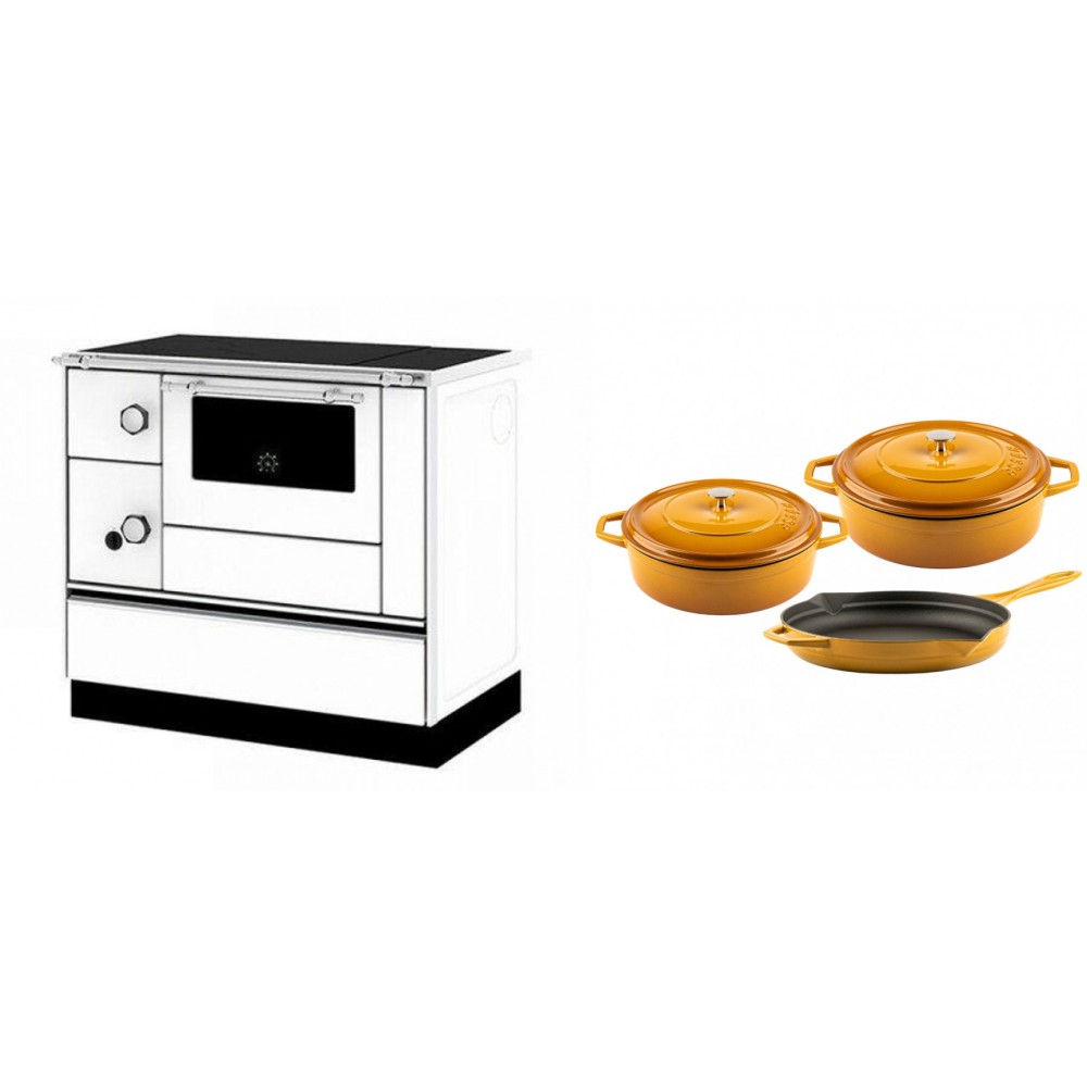 Set Küchenofen / Küchenhexe mit Backofen und Kochplatte Alfa Plam, Modell Alfa 90 H Favorit Weiß Rechts, Leistung 6.4kW + Gusseisen Topf Set aus 3 teilen Solagio, Dijon | Kaminofen - Holzofen mit Backfach | Kaminofen |