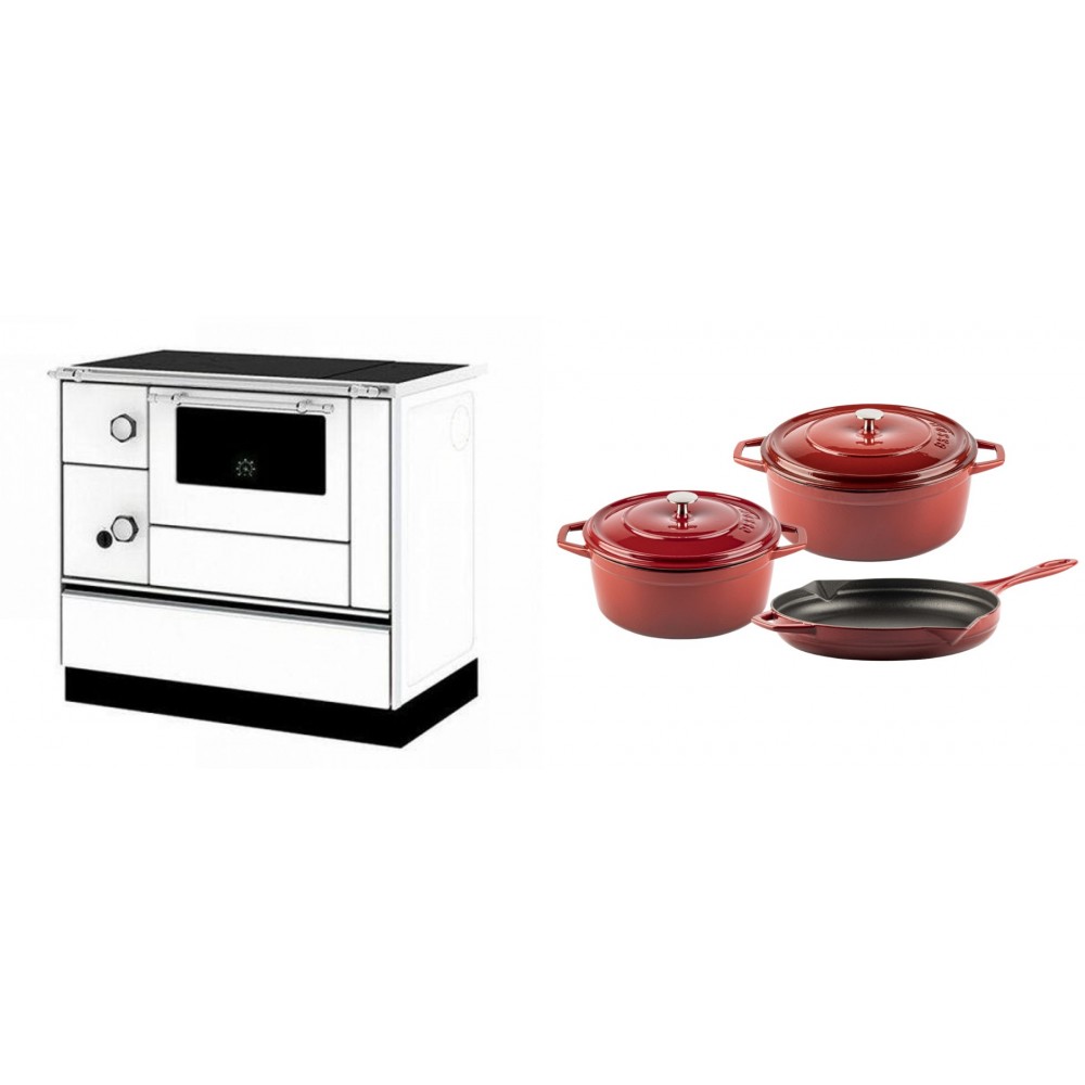 Set Küchenofen / Küchenhexe mit Backofen und Kochplatte Alfa Plam, Modell Alfa 90 H Favorit Weiß Rechts, Leistung 6.4kW + Gusseisen Topf Set aus 3 teilen Solagio, Rubin