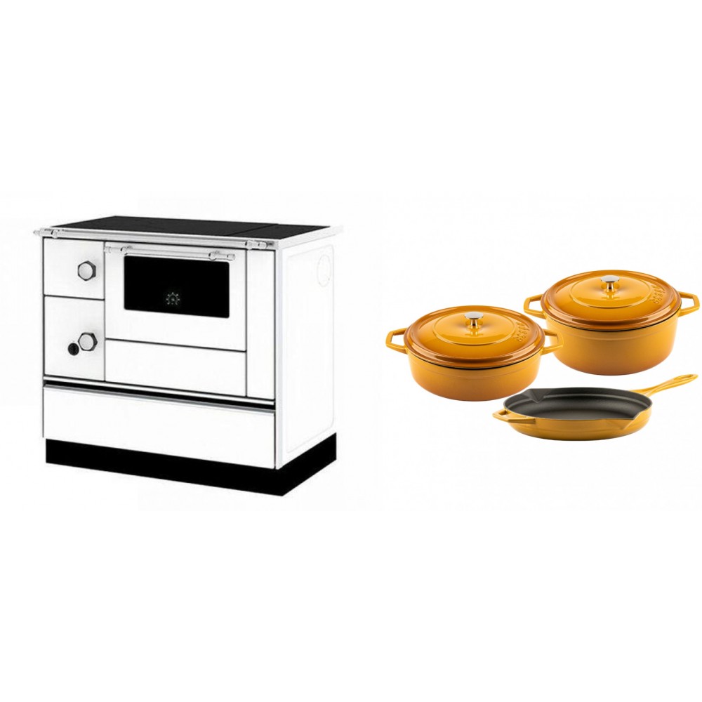 Set Küchenofen / Küchenhexe mit Backofen und Kochplatte Alfa Plam, Modell Alfa 90 H Favorit Weiß Rechts, Leistung 6.4kW + Gusseisen Topf Set aus 3 teilen Solagio, Dijon
