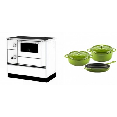 Set Küchenofen / Küchenhexe mit Backofen und Kochplatte Alfa Plam, Modell Alfa 90 H Favorit Weiß Rechts, Leistung 6.4kW + Gusseisen Topf Set aus 3 teilen Solagio, Bamboo - Kaminofen - Holzofen mit Backfach