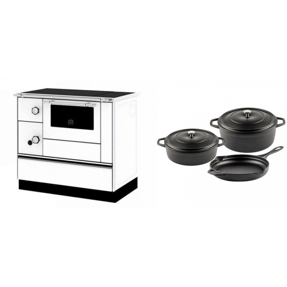 Set Küchenofen / Küchenhexe mit Backofen und Kochplatte Alfa Plam, Modell Alfa 90 H Favorit Weiß Rechts, Leistung 6.4kW + Gusseisen Topf Set aus 3 teilen Solagio, Black Onyx | Kaminofen - Holzofen mit Backfach | Kaminofen |