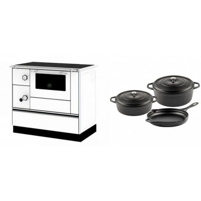 Set Küchenofen / Küchenhexe mit Backofen und Kochplatte Alfa Plam, Modell Alfa 90 H Favorit Weiß Rechts, Leistung 6.4kW + Gusseisen Topf Set aus 3 teilen Solagio, Black Onyx - Kaminofen - Holzofen mit Backfach