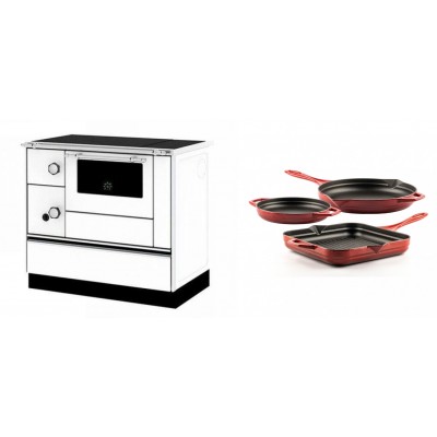 Set Küchenofen / Küchenhexe mit Backofen und Kochplatte Alfa Plam, Modell Alfa 90 H Favorit Weiß Rechts, Leistung 6.4kW + Gusseisen Topf Set aus 3 teilen Solagio, Rubin - Kaminofen - Holzofen mit Backfach