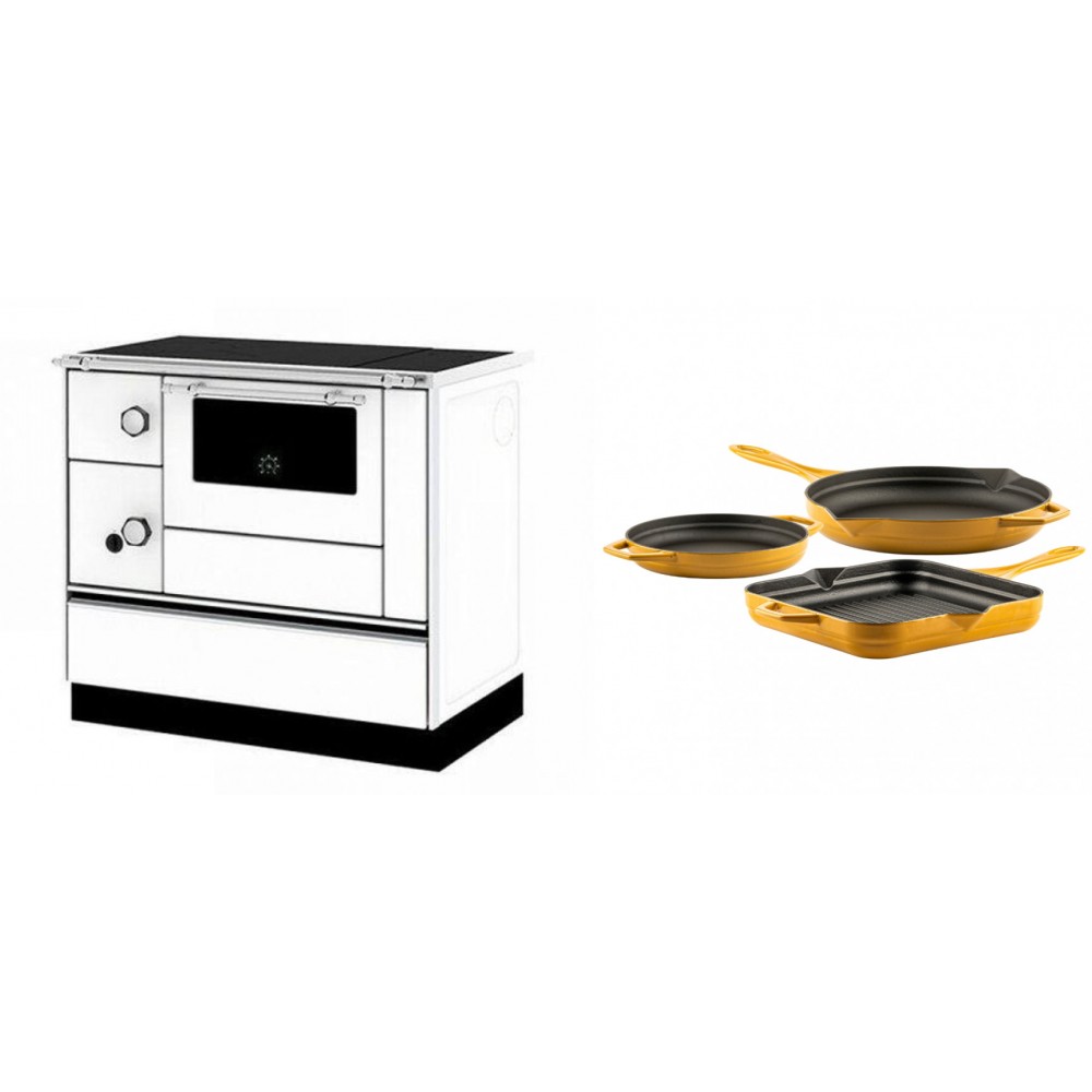 Set Küchenofen / Küchenhexe mit Backofen und Kochplatte Alfa Plam, Modell Alfa 90 H Favorit Weiß Rechts, Leistung 6.4kW + Gusseisen Topf Set aus 3 teilen Solagio, Dijon | Kaminofen - Holzofen mit Backfach | Kaminofen |