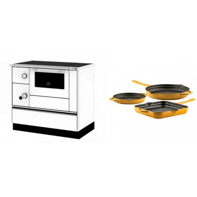 Set Küchenofen / Küchenhexe mit Backofen und Kochplatte Alfa Plam, Modell Alfa 90 H Favorit Weiß Rechts, Leistung 6.4kW + Gusseisen Topf Set aus 3 teilen Solagio, Dijon - Kaminofen - Holzofen mit Backfach