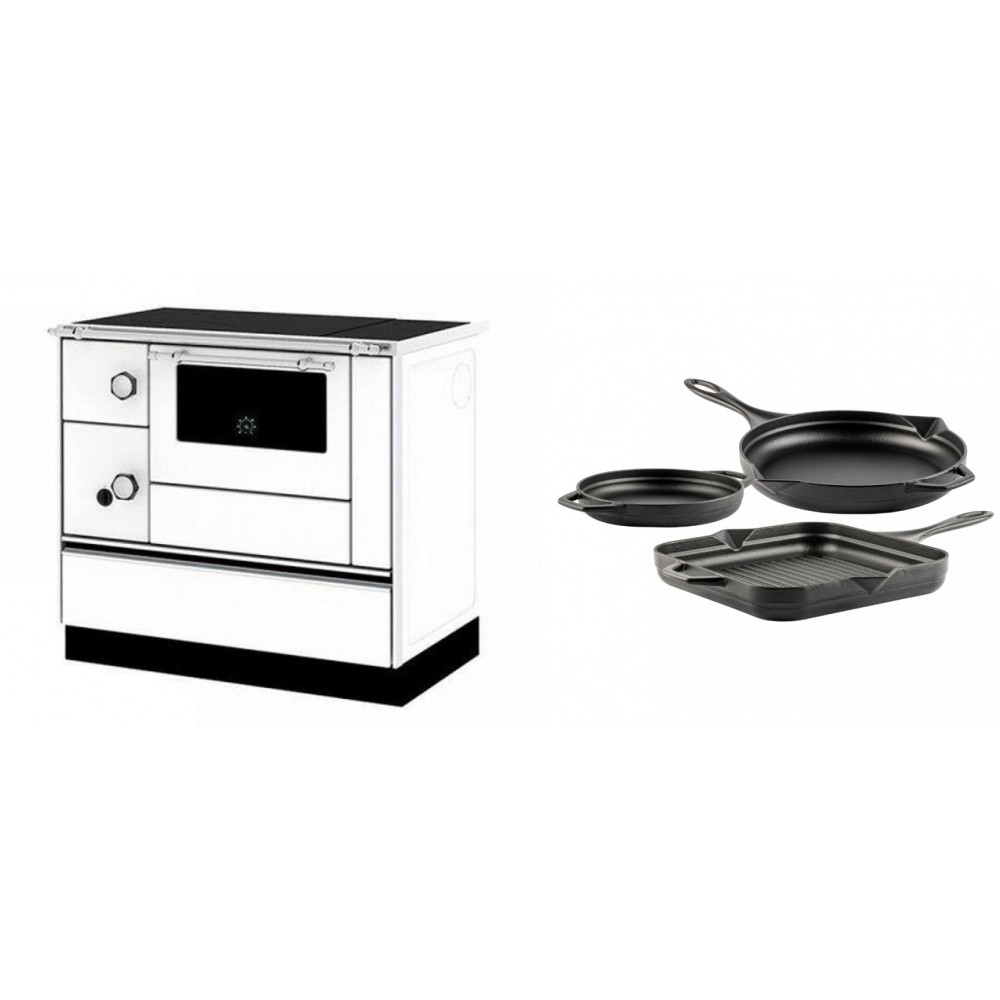 Set Küchenofen / Küchenhexe mit Backofen und Kochplatte Alfa Plam, Modell Alfa 90 H Favorit Weiß Rechts, Leistung 6.4kW + Gusseisen Topf Set aus 3 teilen Solagio, Black Onyx | Kaminofen - Holzofen mit Backfach | Kaminofen |