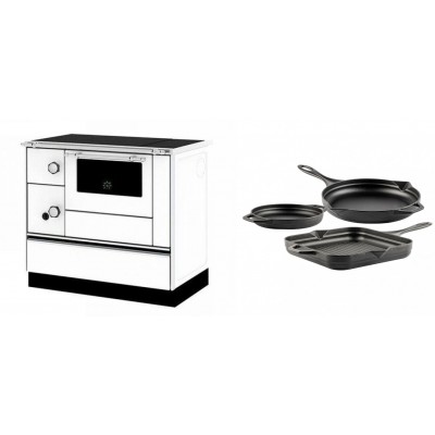 Set Küchenofen / Küchenhexe mit Backofen und Kochplatte Alfa Plam, Modell Alfa 90 H Favorit Weiß Rechts, Leistung 6.4kW + Gusseisen Topf Set aus 3 teilen Solagio, Black Onyx - Kaminofen - Holzofen mit Backfach