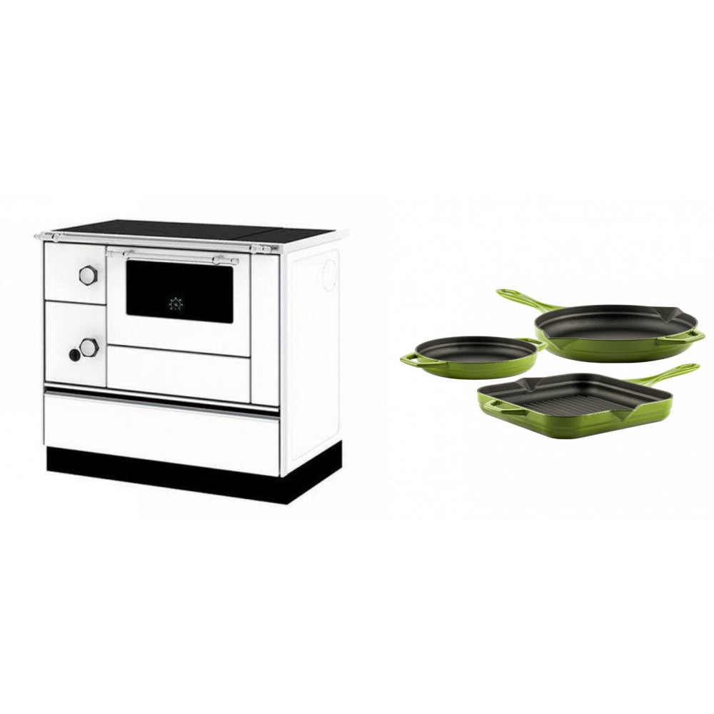 Set Küchenofen / Küchenhexe mit Backofen und Kochplatte Alfa Plam, Modell Alfa 90 H Favorit Weiß Rechts, Leistung 6.4kW + Gusseisen Topf Set aus 3 teilen Solagio, Bamboo | Kaminofen - Holzofen mit Backfach | Kaminofen |