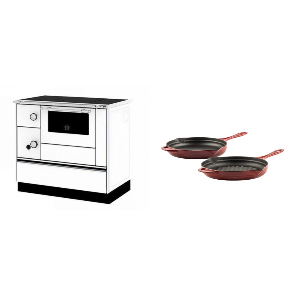 Set Küchenofen / Küchenhexe mit Backofen und Kochplatte Alfa Plam, Modell Alfa 90 H Favorit Weiß Rechts, Leistung 6.4kW + Gusseisen Topf Set aus 2 teilen Solagio, Rubin | Kaminofen - Holzofen mit Backfach | Kaminofen |