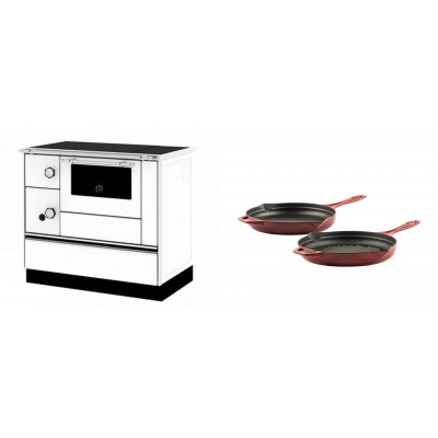 Set Küchenofen / Küchenhexe mit Backofen und Kochplatte Alfa Plam, Modell Alfa 90 H Favorit Weiß Rechts, Leistung 6.4kW + Gusseisen Topf Set aus 2 teilen Solagio, Rubin - Kaminofen - Holzofen mit Backfach