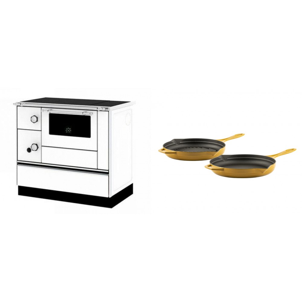 Set Küchenofen / Küchenhexe mit Backofen und Kochplatte Alfa Plam, Modell Alfa 90 H Favorit Weiß Rechts, Leistung 6.4kW + Gusseisen Topf Set aus 2 teilen Solagio, Dijon